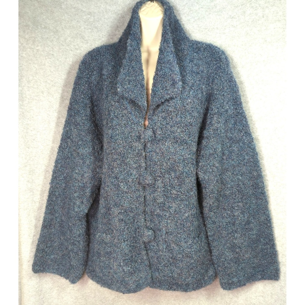 TABASK Peru Alpaca Wool Cardigan Sweater XL Blue Boucle Knit Hand Knit Stunning